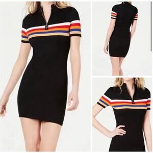 Crave Fame Retro 90s knit Ribbed Black Rainbow Striped Shirt Mini Dress Size XL